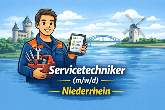 Junger Servicetechniker mit Werkzeugkasten vor einer idyllischen Landschaft am Niederrhein.