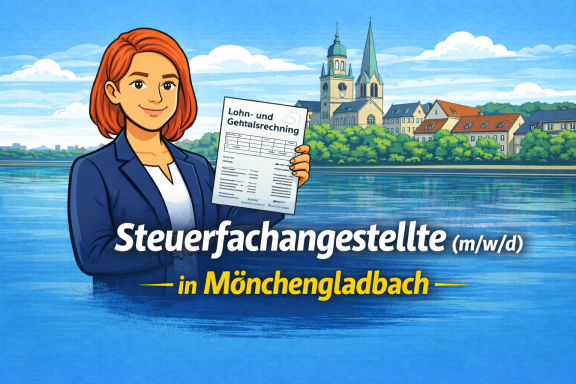 Frau hält Steuerunterlagen vor einem städtischen Hintergrund in Mönchengladbach.
