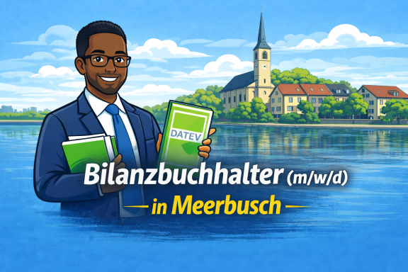 Mann in Anzug steht im Wasser, hält Buch mit der Aufschrift "Bilanzbuchhalter" in Meerbusch.