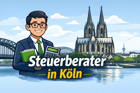 Mann mit Taschenrechner und Akten in Köln, im Hintergrund der Kölner Dom.