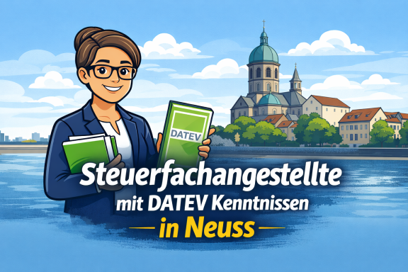 Steuerfachangestellte mit DATEV-Kenntnissen vor Stadtansicht von Neuss.