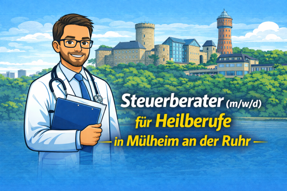 Ein Steuerberater in Freizeitkleidung mit Aktenmappe vor einer Burgruine und Natur.