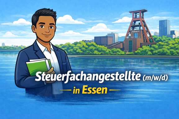 Mann in Anzug mit Buch vor industrieller Landschaft und Wasser in Essen.