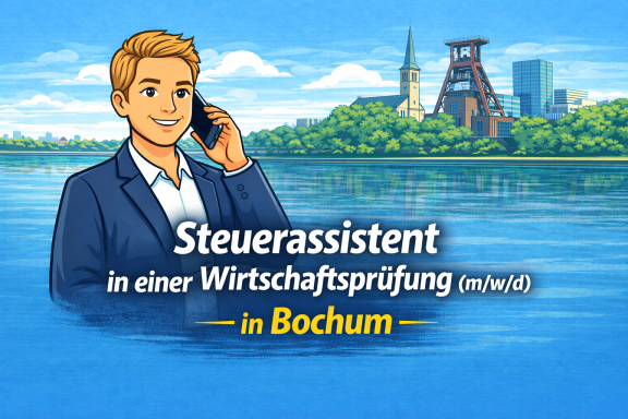 Junger Mann am Telefon, Text: "Steuerassistent in einer Wirtschaftsprüfung in Bochum."