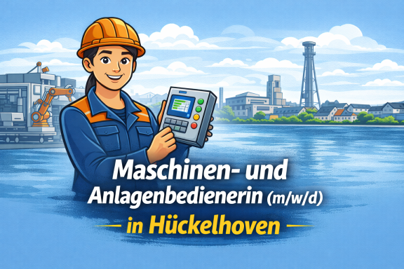 Person in Arbeitskleidung hält ein Bediengerät, Hintergrund zeigt eine industrielle Landschaft.