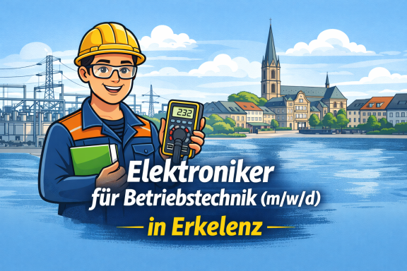 Ein Elektroniker mit Werkzeug und Buch vor einer Stadtansicht von Erkelenz.