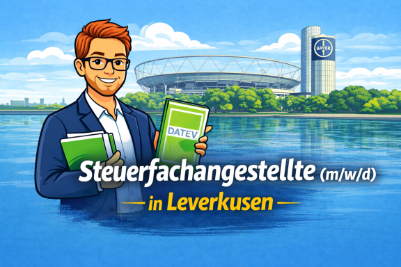 Mann mit Brille hält Bücher, vor Stadion und Stadtlandschaft in Leverkusen.
