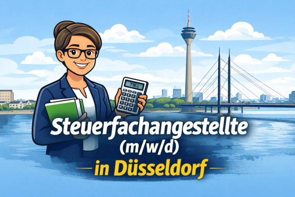 Frau mit Taschenrechner in Düsseldorf vor dem Rheinturm und Fluss.