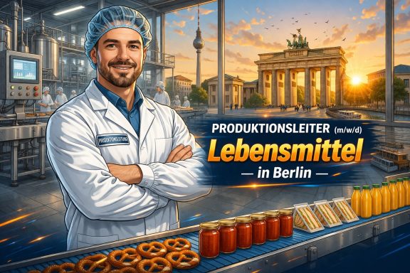 Mann in Laborkittel vor Lebensmittelproduktionsstätte mit Brandenburger Tor im Hintergrund.