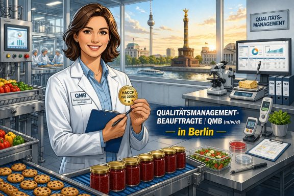 Eine Wissenschaftlerin hält eine Goldmedaille in einem Labor mit Lebensmitteln und Berlin im Hintergrund.