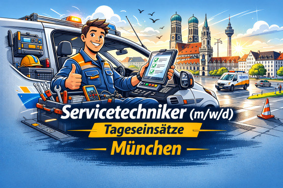 Servicetechniker in München zeigt Daumen hoch, umgeben von Werkzeugen und Fahrzeugen.