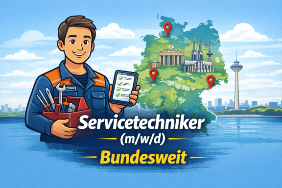 Mann mit Werkzeug und Tablet, umgeben von deutschen Landmarken und dem Text „Servicetechniker“.