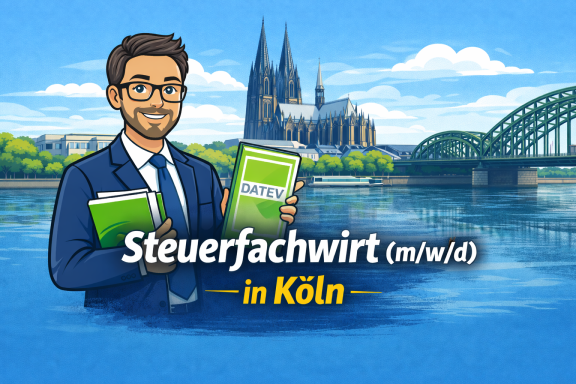 Mann im Anzug mit Buch "Steuerfachwirt" vor der skyline Kölns.