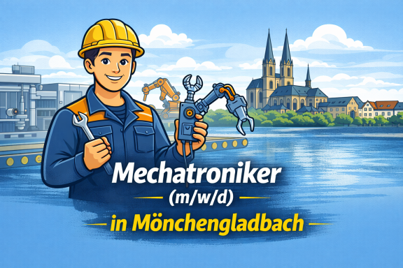 Mechatroniker mit Werkzeugen vor einer Stadtansicht von Mönchengladbach.